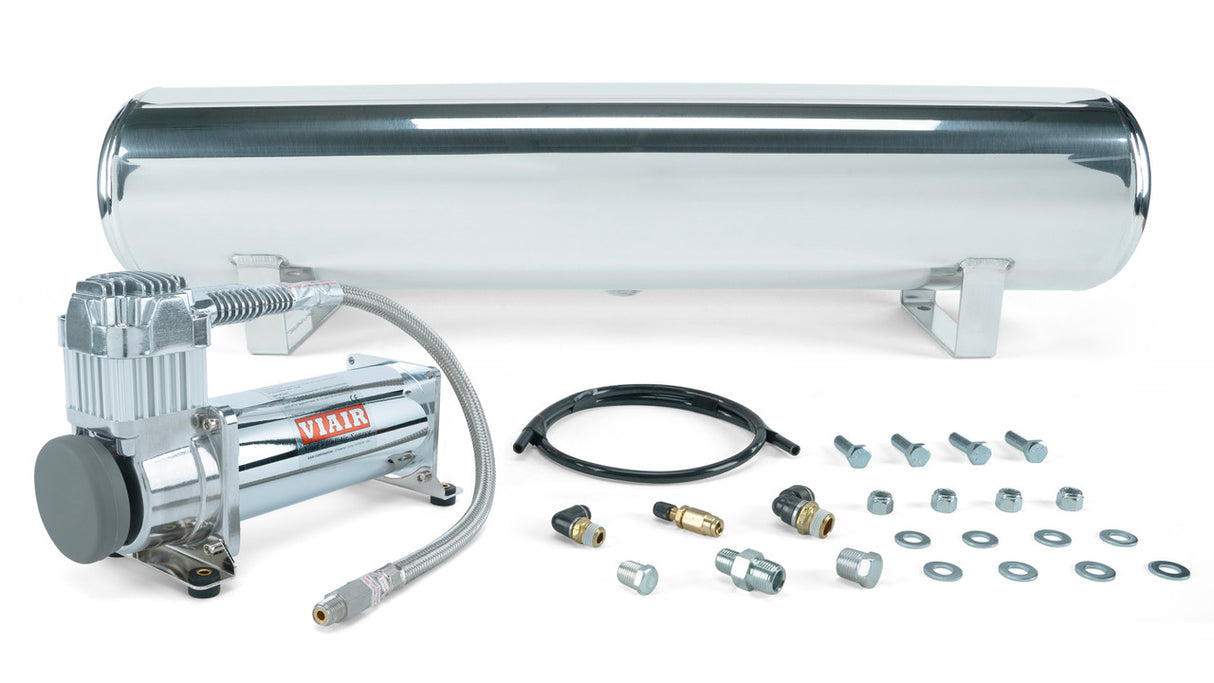 4 Gal. Polished Tank w/ Viair 444c chrome compressor, 1/4" & 3/8" fittings & tank mounting hardware