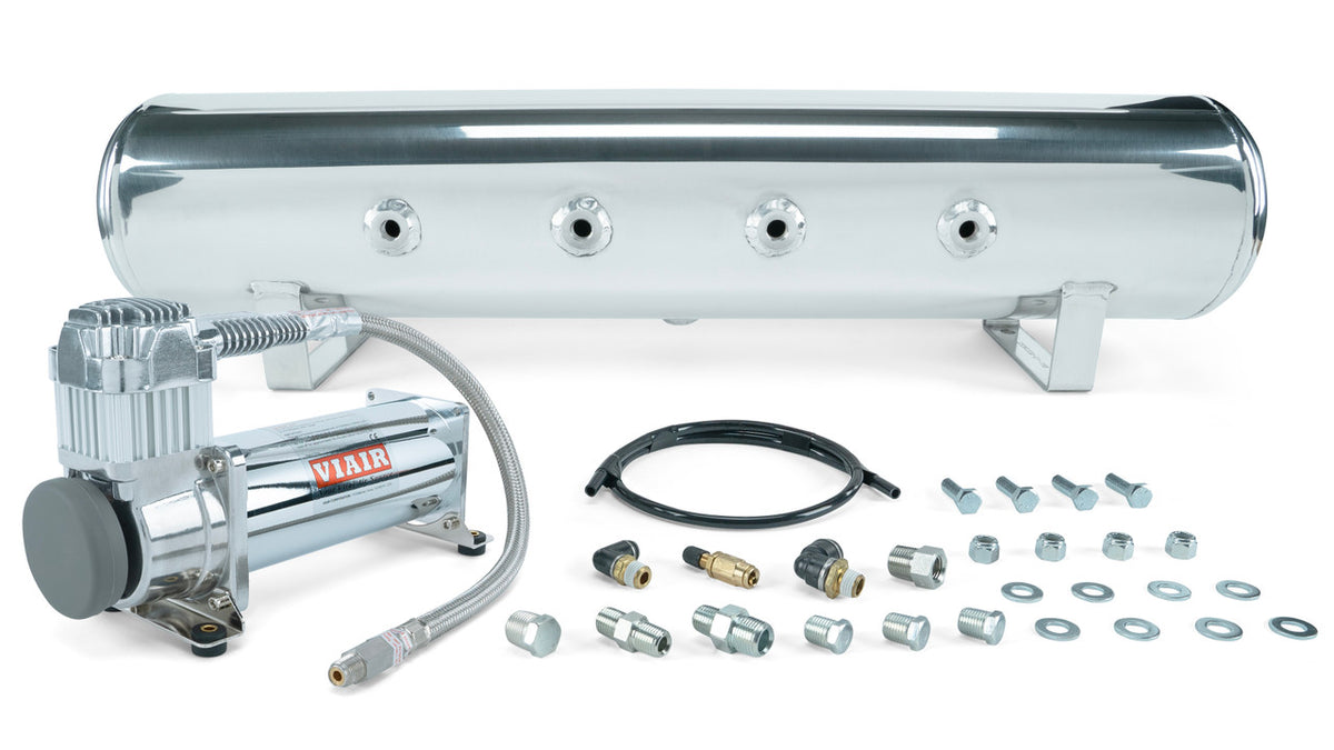 4 Gal. 7-Port Polished Tank w/ Viair 444c chrome compressor, 1/4" & 3/8" fittings & tank mounting hardware