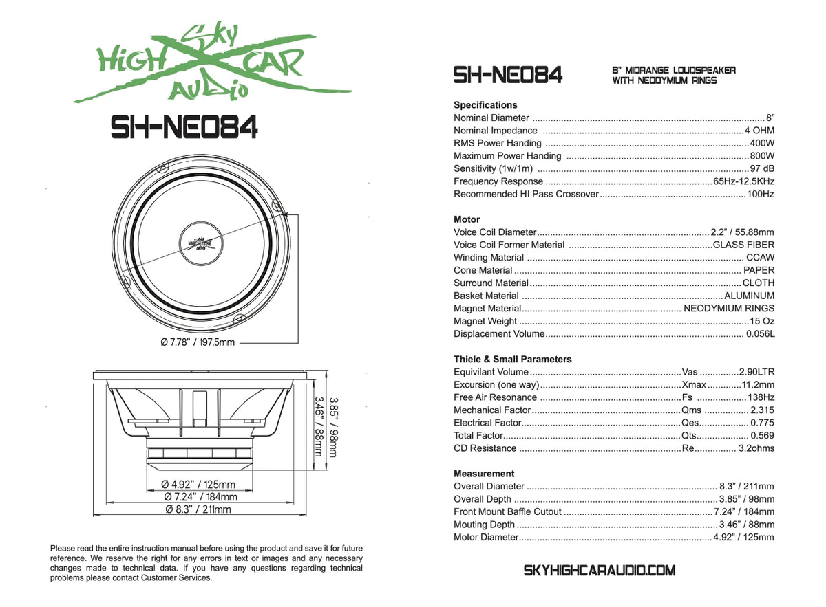 Sky High Car Audio SH-NEO84 8-inch neodymium midrange speaker, product view 5