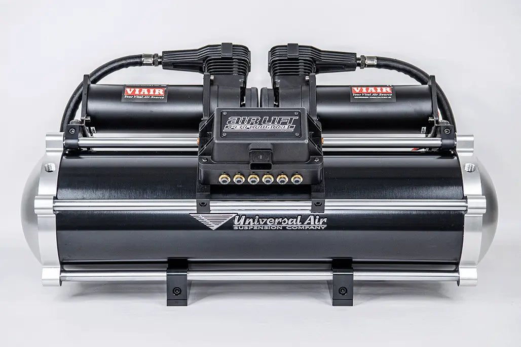 Universal Air billet modular air tank with silver end caps and black tube