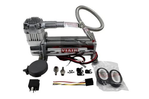 VERA Essential VA-MM01 component detail: chrome VIAIR 444C compressor with filter and mounting accessories