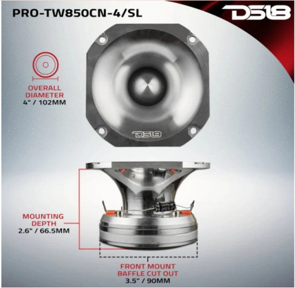 DS18 PRO 4" High Compression Tweeter 1.5" PEI VC 250 Watt RMS 4-Ohm Silver