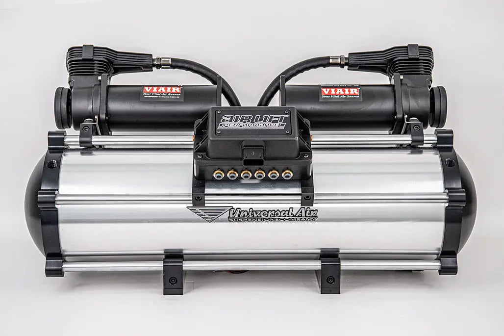 Universal Air billet modular air tank with black end caps and silver tube