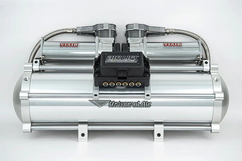 Universal Air billet modular air tank with silver end caps and silver tube