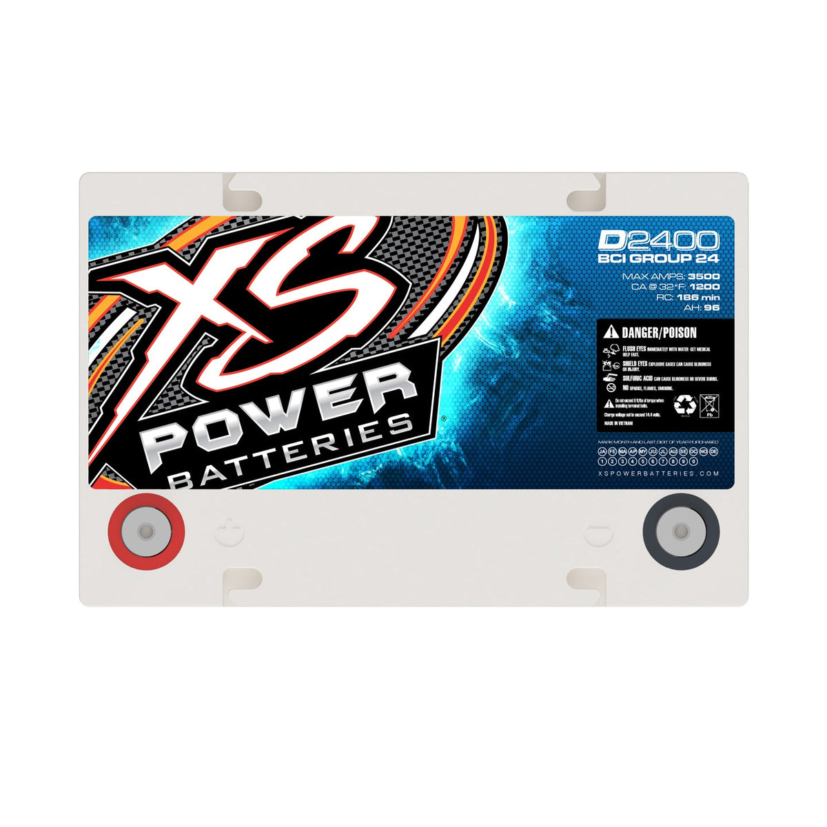 XS Power D2400 AGM battery — top and terminals